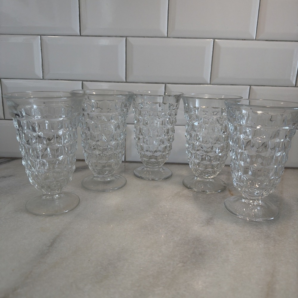 Vintage Fostoria American Clear Footed Iced Tea Glasses Cubist Cube Set of 6 ES5